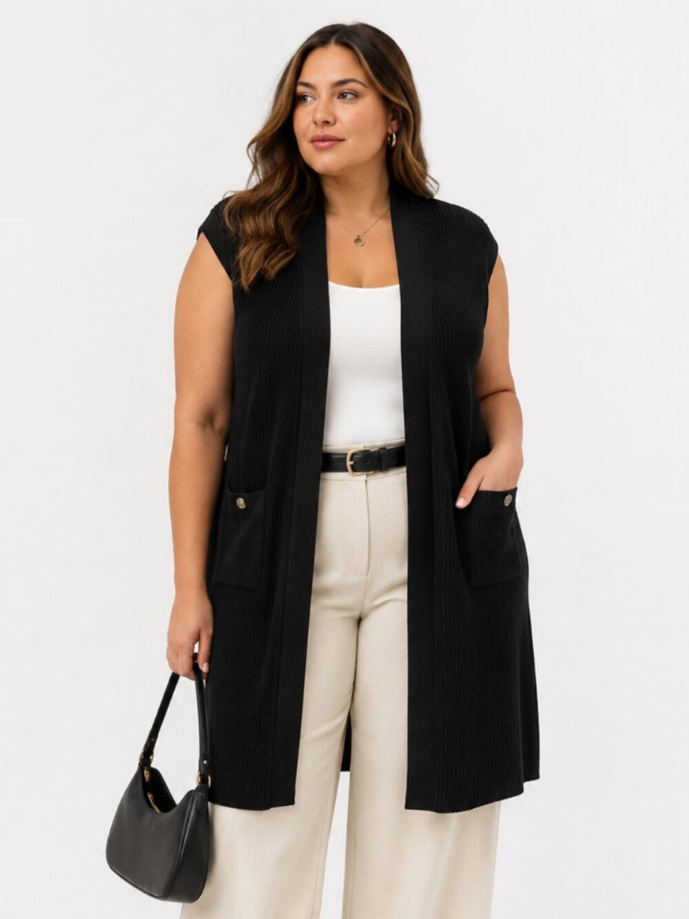 Elie Tahari Cap Sleeve Ribbed Longline Cardigan Black